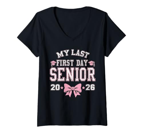 Damen Groovy Fun Zurück zur Schule Mein letzter erster Tag Abschlussjahr 2026 T-Shirt mit V-Ausschnitt von Funny Back To School Costume Gifts Idea