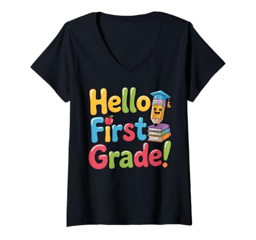 Damen Lustiger Schulanfang, Hello 1st Grade Teacher Students T-Shirt mit V-Ausschnitt von Funny Back To School Costume Gifts Idea