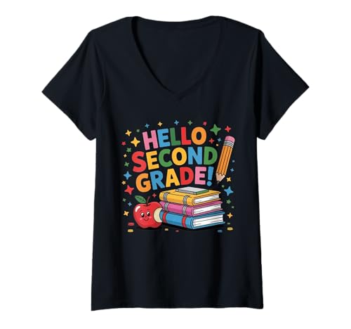 Damen Lustiger Schulanfang, Hello 2nd Grade Teacher Students T-Shirt mit V-Ausschnitt von Funny Back To School Costume Gifts Idea