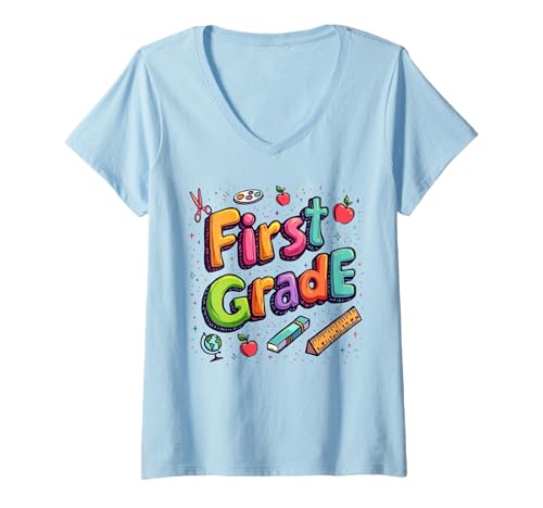 Damen Lustiger Schulanfang, süßer Schüler oder Lehrer der ersten Klasse T-Shirt mit V-Ausschnitt von Funny Back To School Costume Gifts Idea