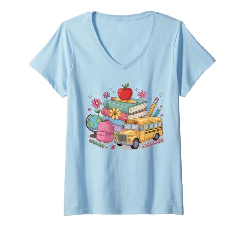 Damen Lustiger Schulanfang für süße Klassenzimmer-Lehrer und Schüler T-Shirt mit V-Ausschnitt von Funny Back To School Costume Gifts Idea