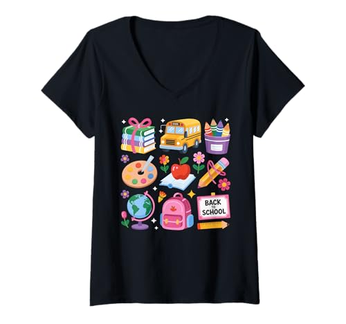 Damen Lustiger Schulanfang für süße Klassenzimmer-Lehrer und Schüler T-Shirt mit V-Ausschnitt von Funny Back To School Costume Gifts Idea