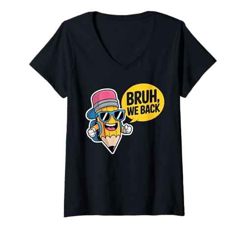 Damen Niedlicher Bleistift für Kinder, lustiger Bruh We Back T-Shirt mit V-Ausschnitt von Funny Back To School Costume Gifts Idea