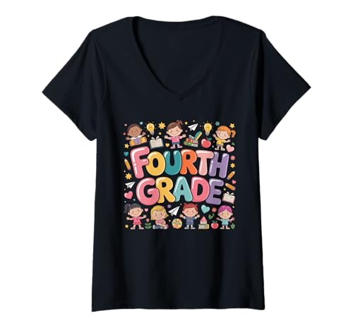 Damen Vierte Klasse: Zurück zur Schule für Lehrer, Schüler, Klassenzimmer T-Shirt mit V-Ausschnitt von Funny Back To School Costume Gifts Idea
