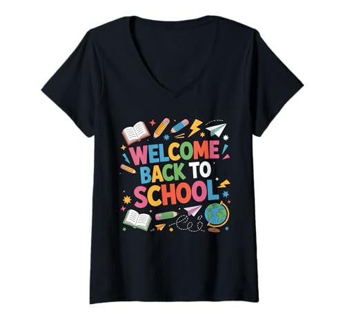 Damen Willkommen zurück in der Schule, lustiger erster Schultag, Lehrer T-Shirt mit V-Ausschnitt von Funny Back To School Costume Gifts Idea