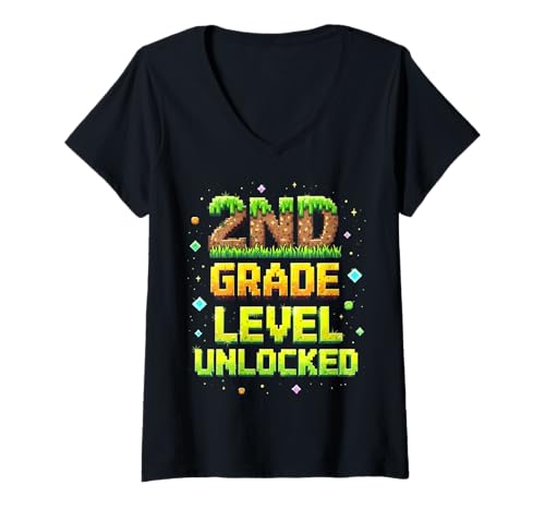 Damen Back to School 2nd Grade Unlocked Boys Gamer Pixel T-Shirt mit V-Ausschnitt von Funny Back To School Gaming Gifts For Boys