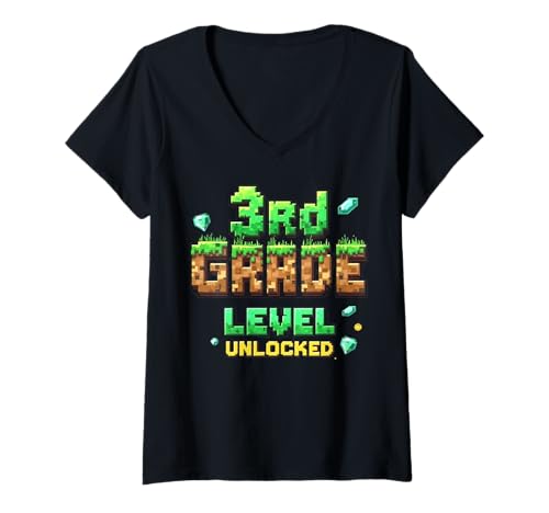 Damen Zurück in die Schule, 3. Klasse, freigeschalteter Gamer Pixel für Jungen T-Shirt mit V-Ausschnitt von Funny Back To School Gaming Gifts For Boys