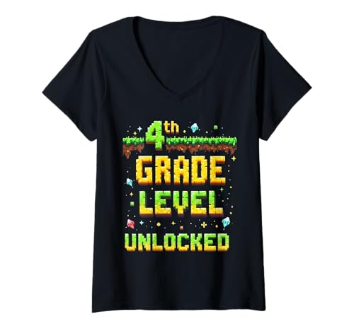 Damen Zurück in die Schule, 4. Klasse, freigeschalteter Gamer Pixel für Jungen T-Shirt mit V-Ausschnitt von Funny Back To School Gaming Gifts For Boys