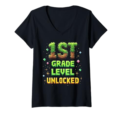 Damen Zurück zur Schule, 1. Klasse, freigeschalteter Gamer Pixel für Jungen T-Shirt mit V-Ausschnitt von Funny Back To School Gaming Gifts For Boys