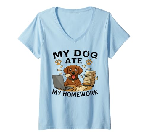 Damen Dog Ate My Homework Funny Golden Retriever Lover Boys Girls T-Shirt mit V-Ausschnitt Damen Dog Ate My Homework Funny Golden Retriever Lover Boys Girls T-Shirt mit V-Ausschnitt von Funny Back to School Dog Lover Students Kids Gifts