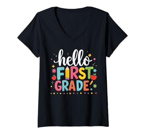 Damen Lustiger Schulanfang Hello First Grade für Lehrer und Kinder T-Shirt mit V-Ausschnitt Damen Lustiger Schulanfang Hello First Grade für Lehrer und Kinder T-Shirt mit V-Ausschnitt von Funny Back to School Hello First Grade Gifts