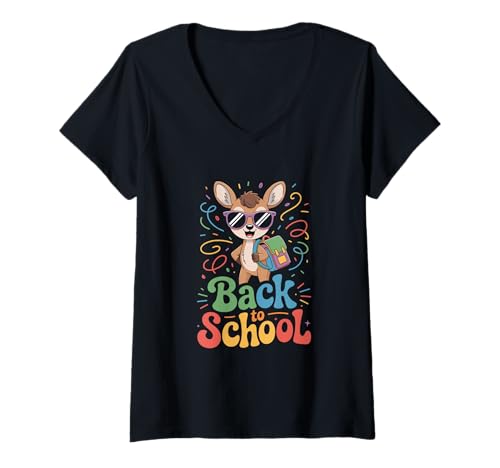 Damen Zurück in die Schule lustige Hirsche mit Sonnenbrille T-Shirt mit V-Ausschnitt von Funny Back to School