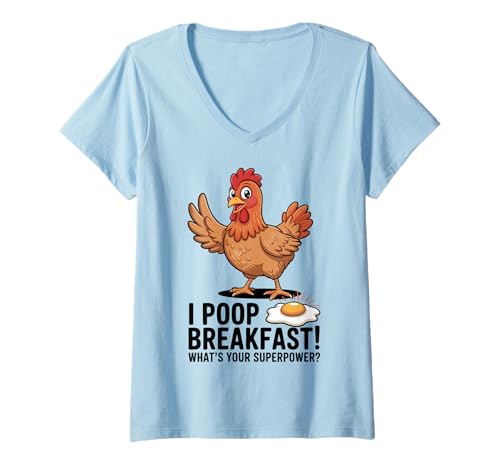 Damen Lustiges Huhn mit Ei, Cartoon-Bauernhoftier-Humor-Geschenk T-Shirt mit V-Ausschnitt von Funny Backyard Chicken Farmer Poultry Egg Lover