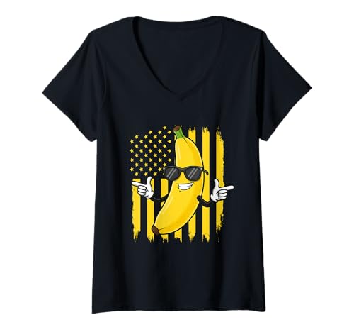 Damen Coole Bananen, Früchte, Cartoon-Banane mit Sonnenbrille, USA-Flagge T-Shirt mit V-Ausschnitt Damen Coole Bananen, Früchte, Cartoon-Banane mit Sonnenbrille, USA-Flagge T-Shirt mit V-Ausschnitt von Funny Banan Lover Fruit Gifts Men Women Kids