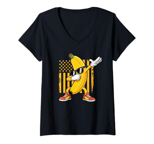 Damen Dabbing Banana Fruit American Flag Dab Retro Banana Lover T-Shirt mit V-Ausschnitt von Funny Banan Lover Fruit Gifts Men Women Kids