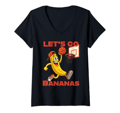 Damen Funny Banana Basketball, Cartoon Fruit Sport Jump Shot T-Shirt mit V-Ausschnitt von Funny Banana Basketball Tee