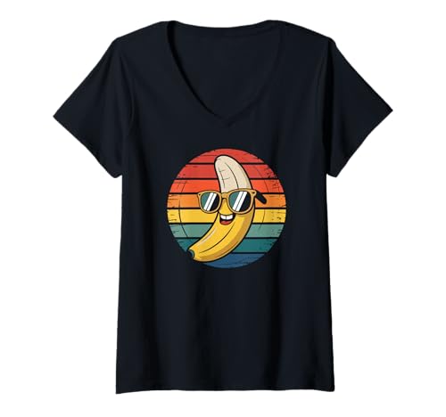 Damen Banana Sonnenbrille Retro Vintage Lustig T-Shirt mit V-Ausschnitt Damen Banana Sonnenbrille Retro Vintage Lustig T-Shirt mit V-Ausschnitt von Funny Banana Lover Apparel