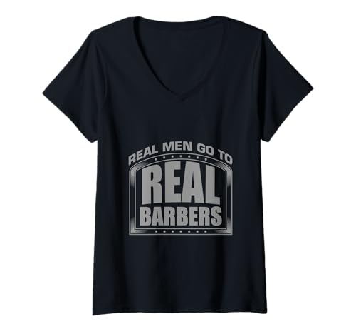Damen Real Men Go to Real Funny Barbers Hairstyling Friseur T-Shirt mit V-Ausschnitt Damen Real Men Go to Real Funny Barbers Hairstyling Friseur T-Shirt mit V-Ausschnitt von Funny Barber Hairstyling Instructors Hairdresser