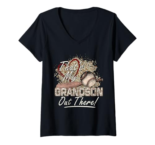 Damen That's My Grandson Out There Vintage Leopard Baseball T-Shirt mit V-Ausschnitt von Funny Baseball Grandma Mother's Day Gifts