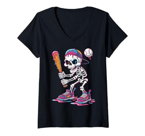 Damen Funny Skeleton Baseball Drip Boys Youth Kids Halloween T-Shirt mit V-Ausschnitt von Funny Baseball Skeleton Dripping Apparel