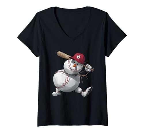 Damen Schneemann Baseball Spieler Weihnachten Kinder Männer Jungen Teens Winter T-Shirt mit V-Ausschnitt Damen Schneemann Baseball Spieler Weihnachten Kinder Männer Jungen Teens Winter T-Shirt mit V-Ausschnitt von Funny Baseball Snowman Graphics