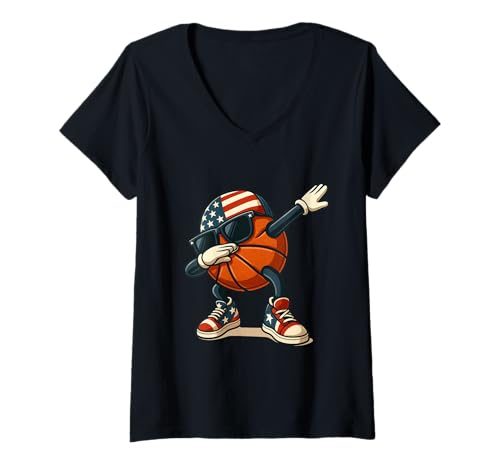 Damen Dabbing Basketball Ball mit Sonnenbrille Lustiger Basketball T-Shirt mit V-Ausschnitt Damen Dabbing Basketball Ball mit Sonnenbrille Lustiger Basketball T-Shirt mit V-Ausschnitt von Funny Basketball Lover Patriotic of July