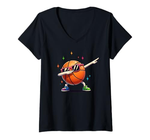 Damen Basketball Dabbing with Sunglasses Player Kids Boys Men T-Shirt mit V-Ausschnitt von Funny Basketball Player Sports Gifts Apparel Co.