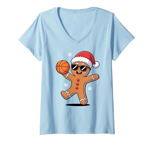 Damen Weihnachten Basketball Cartoon T-Shirt mit V-Ausschnitt Damen Weihnachten Basketball Cartoon T-Shirt mit V-Ausschnitt von Funny Basketball Winter Christmas Comic