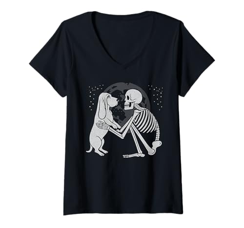 Damen Basset Hound Skelett Mond Halloween Hundeliebhaber T-Shirt mit V-Ausschnitt Damen Basset Hound Skelett Mond Halloween Hundeliebhaber T-Shirt mit V-Ausschnitt von Funny Basset Gothic Dog Designs