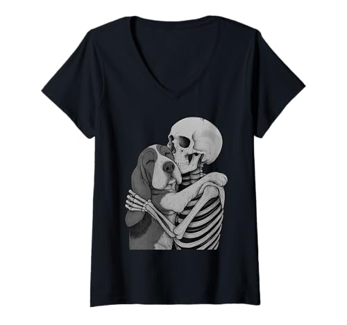 Damen Basset Hound Skelett Umarmung Halloween Hundeliebhaber T-Shirt mit V-Ausschnitt Damen Basset Hound Skelett Umarmung Halloween Hundeliebhaber T-Shirt mit V-Ausschnitt von Funny Basset Gothic Dog Designs