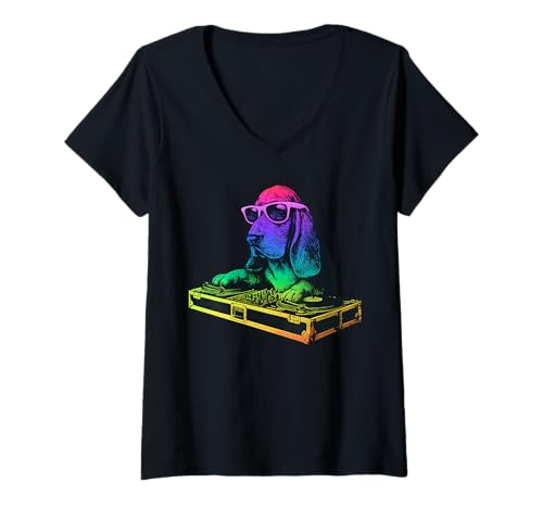 Damen Basset Hound DJ Musik Party Hundeliebhaber T-Shirt mit V-Ausschnitt Damen Basset Hound DJ Musik Party Hundeliebhaber T-Shirt mit V-Ausschnitt von Funny Basset House Music Dog Designs
