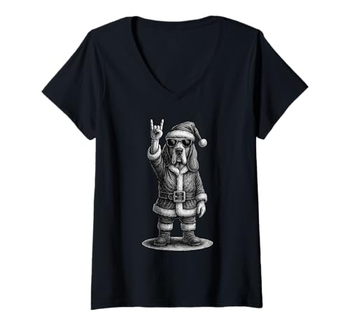 Damen Basset Hound Rock Music Weihnachts-Hundeliebhaber T-Shirt mit V-Ausschnitt von Funny Basset Rock And Roll Dog Designs