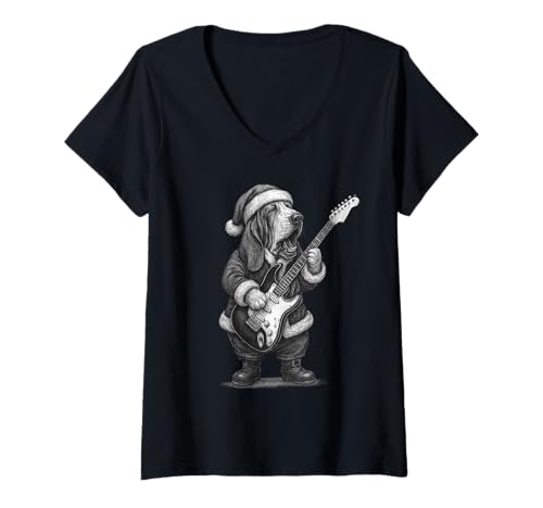 Damen Basset Hound spielt Gitarre Weihnachten Hundeliebhaber T-Shirt mit V-Ausschnitt Damen Basset Hound spielt Gitarre Weihnachten Hundeliebhaber T-Shirt mit V-Ausschnitt von Funny Basset Rock Music Dog Designs