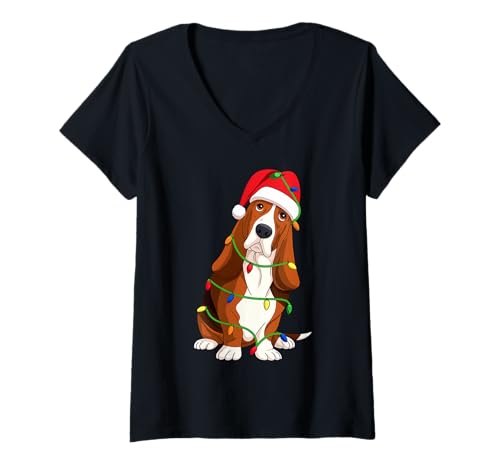 Damen Basset Hound Weihnachtsbaum Lichter Urlaub Hundeliebhaber T-Shirt mit V-Ausschnitt Damen Basset Hound Weihnachtsbaum Lichter Urlaub Hundeliebhaber T-Shirt mit V-Ausschnitt von Funny Basset Xmas Tree Dog Designs
