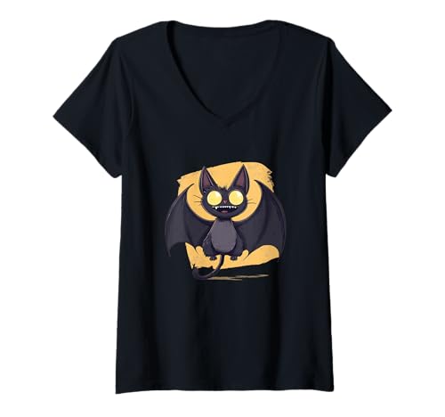Damen Lustige Fliegende Katze mit Flügeln für Fledermaus- und Halloween-Liebhaber T-Shirt mit V-Ausschnitt Damen Lustige Fliegende Katze mit Flügeln für Fledermaus- und Halloween-Liebhaber T-Shirt mit V-Ausschnitt von Funny Bat Cat