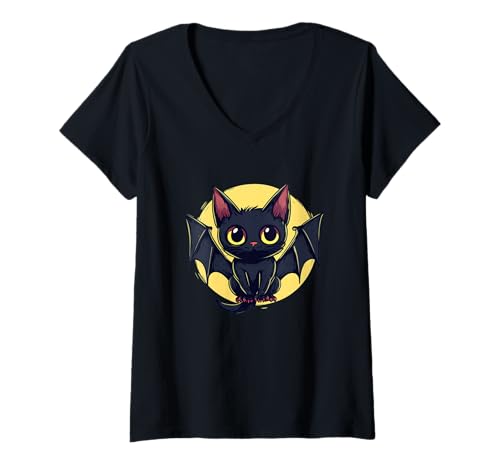 Damen Lustiges Katzen-Fledermaus-Kostüm für Erwachsene und Kinder T-Shirt mit V-Ausschnitt Damen Lustiges Katzen-Fledermaus-Kostüm für Erwachsene und Kinder T-Shirt mit V-Ausschnitt von Funny Bat Cat