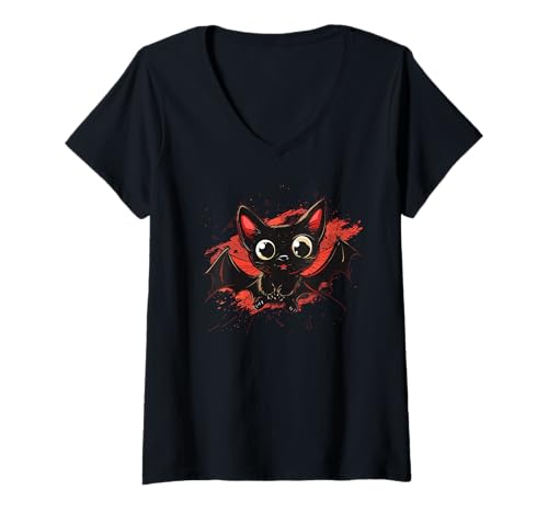 Damen Lustiges Katzengesicht mit Fledermausflügeln für Halloween-Katzen T-Shirt mit V-Ausschnitt Damen Lustiges Katzengesicht mit Fledermausflügeln für Halloween-Katzen T-Shirt mit V-Ausschnitt von Funny Bat Cat