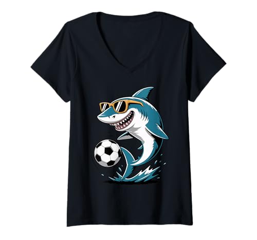 Damen Lustiger Hai spielt Fußball Kunstwerk Tier Sport Grafik T-Shirt mit V-Ausschnitt Damen Lustiger Hai spielt Fußball Kunstwerk Tier Sport Grafik T-Shirt mit V-Ausschnitt von Funny Beach Soccer Lovers Shark Graphic