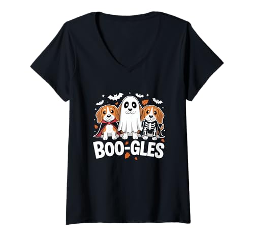 Damen Boo-gles T-Shirt mit lustigem Beagle-Motiv, Halloween-Kostüm T-Shirt mit V-Ausschnitt Damen Boo-gles T-Shirt mit lustigem Beagle-Motiv, Halloween-Kostüm T-Shirt mit V-Ausschnitt von Funny Beagle Dog Halloween Costume Vibes
