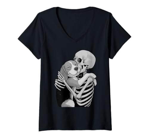 Damen Beagle Skelett Umarmung Halloween Hundeliebhaber T-Shirt mit V-Ausschnitt Damen Beagle Skelett Umarmung Halloween Hundeliebhaber T-Shirt mit V-Ausschnitt von Funny Beagle Gothic Dog Designs