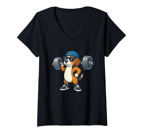 Damen Niedlicher Cartoon Beagle Gewichtheben Fitness Hund T-Shirt mit V-Ausschnitt Damen Niedlicher Cartoon Beagle Gewichtheben Fitness Hund T-Shirt mit V-Ausschnitt von Funny Beagle Gym Dog Workout Fitness