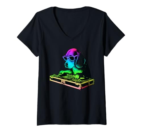 Damen Beagle DJ Musik Party Hundeliebhaber T-Shirt mit V-Ausschnitt Damen Beagle DJ Musik Party Hundeliebhaber T-Shirt mit V-Ausschnitt von Funny Beagle House Music Dog Designs