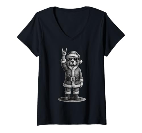 Damen Beagle Rock Music Weihnachts-Hundeliebhaber T-Shirt mit V-Ausschnitt Damen Beagle Rock Music Weihnachts-Hundeliebhaber T-Shirt mit V-Ausschnitt von Funny Beagle Rock And Roll Dog Designs