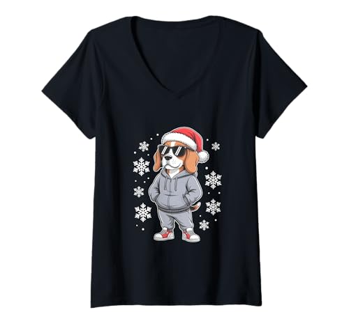 Damen Beagle in Sonnenbrille Cool Christmas T-Shirt mit V-Ausschnitt Damen Beagle in Sonnenbrille Cool Christmas T-Shirt mit V-Ausschnitt von Funny Beagle Santa Hat Clo