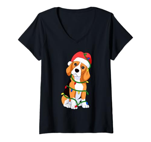 Damen Beagle Weihnachtsbaumbeleuchtung Urlaub Hundeliebhaber T-Shirt mit V-Ausschnitt Damen Beagle Weihnachtsbaumbeleuchtung Urlaub Hundeliebhaber T-Shirt mit V-Ausschnitt von Funny Beagle Xmas Tree Dog Designs