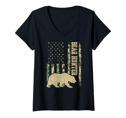 Damen Bear Hunter Camouflage Flagge Outdoor Abenteuer Bär Jagd T-Shirt mit V-Ausschnitt Damen Bear Hunter Camouflage Flagge Outdoor Abenteuer Bär Jagd T-Shirt mit V-Ausschnitt von Funny Bear Hunting Apparel