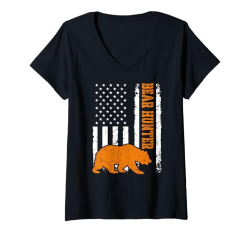 Damen Bear Hunter US-Flagge Outdoor Abenteuer Bär Jagd T-Shirt mit V-Ausschnitt Damen Bear Hunter US-Flagge Outdoor Abenteuer Bär Jagd T-Shirt mit V-Ausschnitt von Funny Bear Hunting Apparel