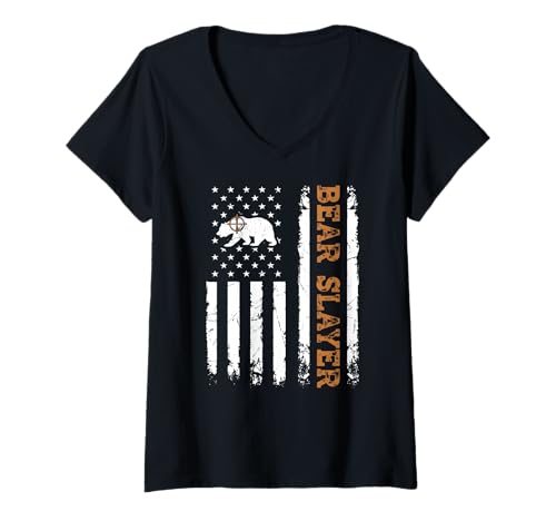 Damen Bear Slayer US-Flagge Outdoor Abenteuer Bär Jagd T-Shirt mit V-Ausschnitt Damen Bear Slayer US-Flagge Outdoor Abenteuer Bär Jagd T-Shirt mit V-Ausschnitt von Funny Bear Hunting Apparel