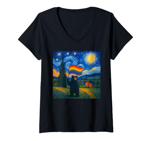 Damen Gay Pride Bear Art Starry Night Style LGBTQ Pride Support T-Shirt mit V-Ausschnitt Damen Gay Pride Bear Art Starry Night Style LGBTQ Pride Support T-Shirt mit V-Ausschnitt von Funny Bear Outfits for LGBT Pride Month Apparel
