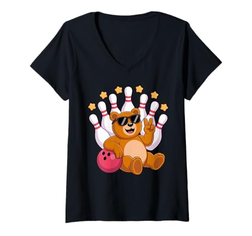 Damen Lustiger Bowling-Grafik-Bär mit Sonnenbrille T-Shirt mit V-Ausschnitt von Funny Bear Playing Bowling Graphic